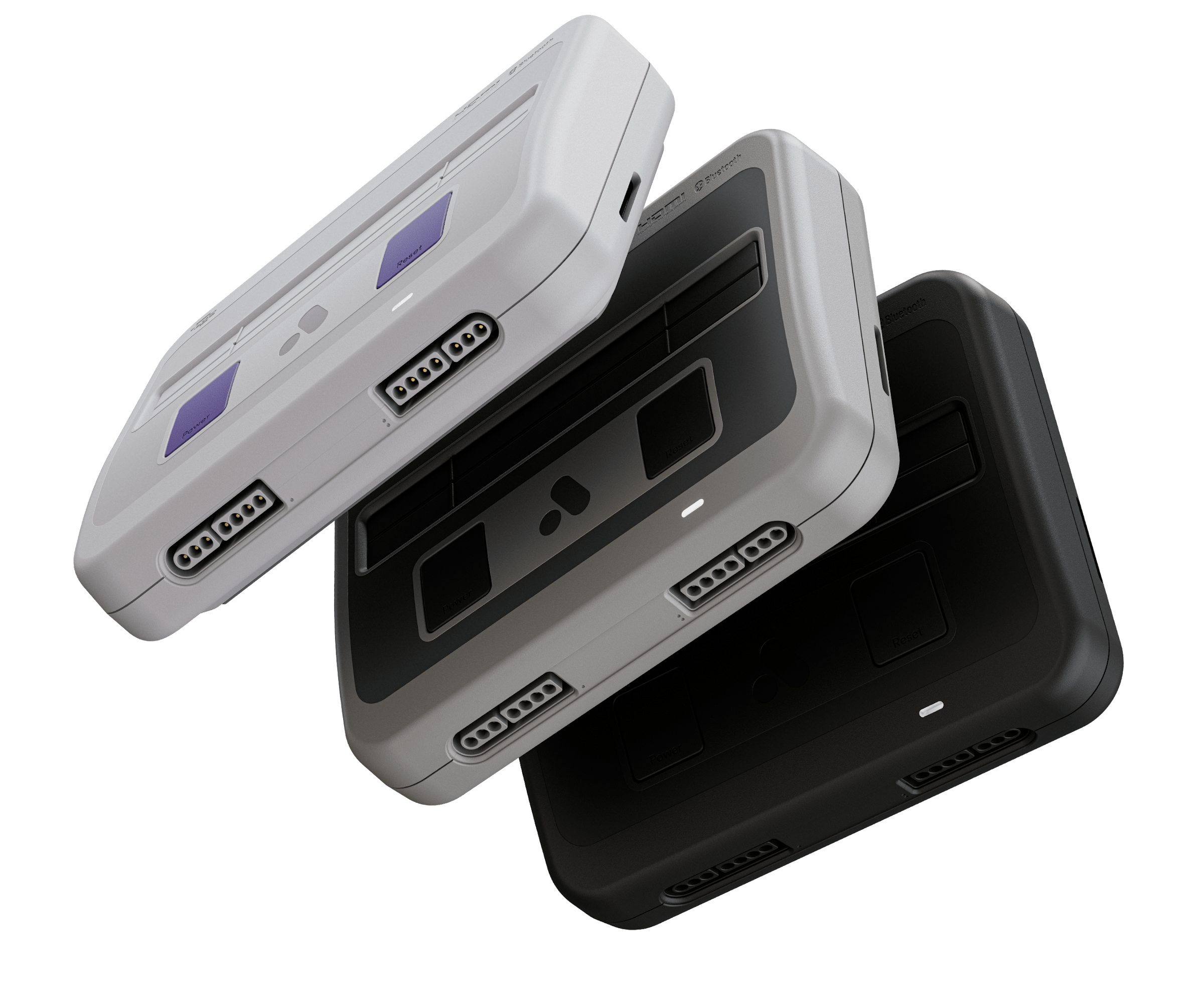 Super Nt+ ships in Classic, SF and Black colorways, each with built-in Bluetooth and 2.4 GHz wireless controller pairing. Image: Analogue.